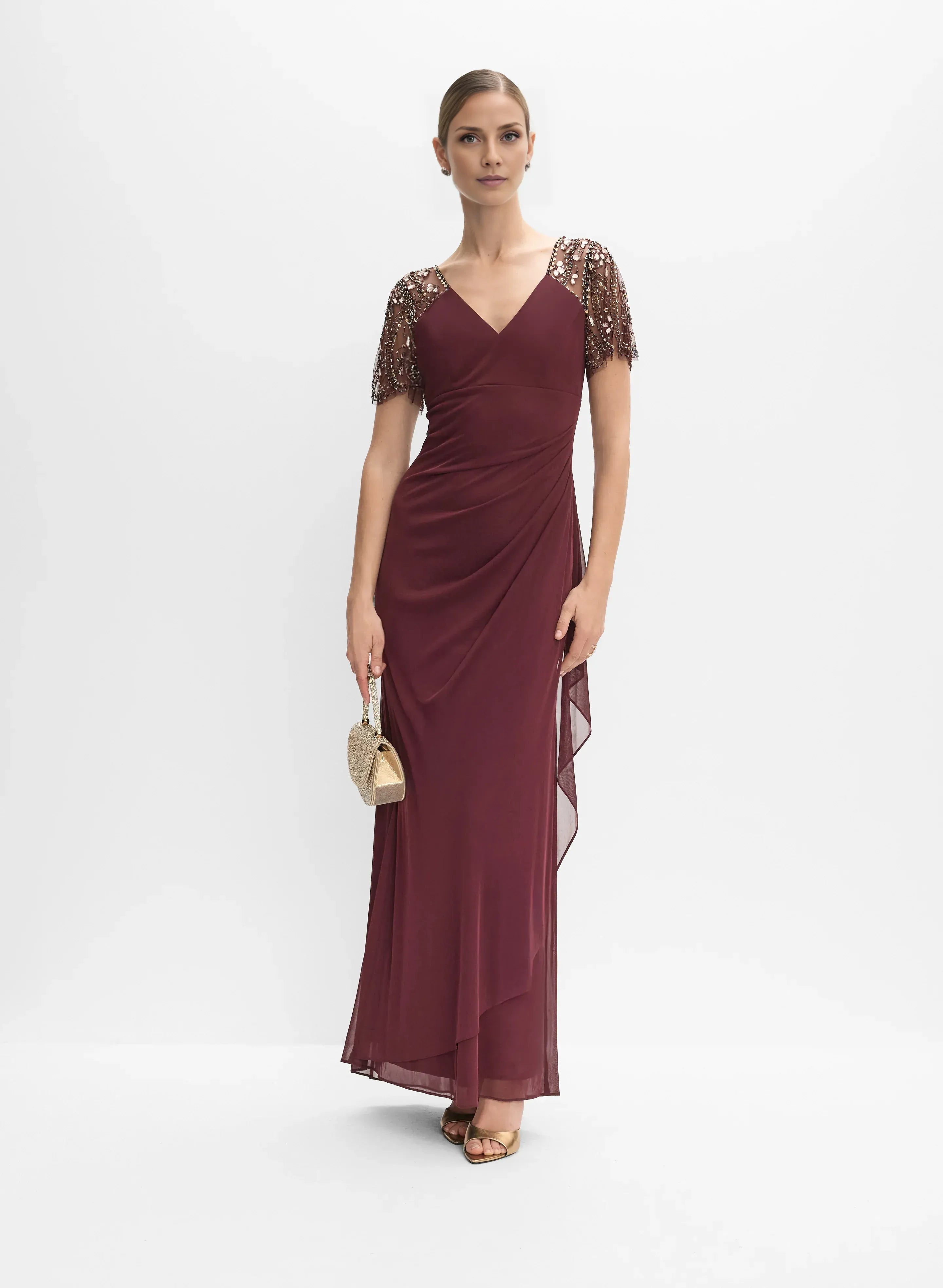 Elegant Fitted V-Neck Short Sleeve Zipper Up Floor-Length Prom Dress